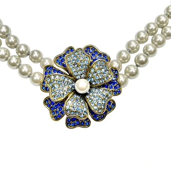 Elegant Pearl and Blue Flower Necklace - Picture 2 of 6